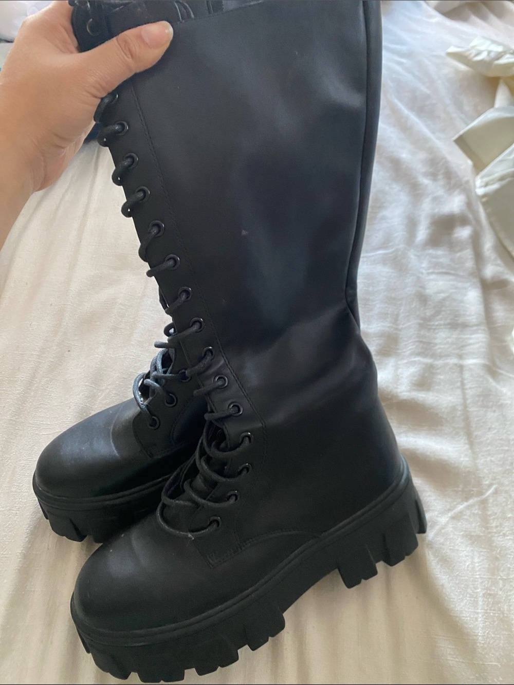 Forever 21 Black Lace-Up Platform Knee-High Boots